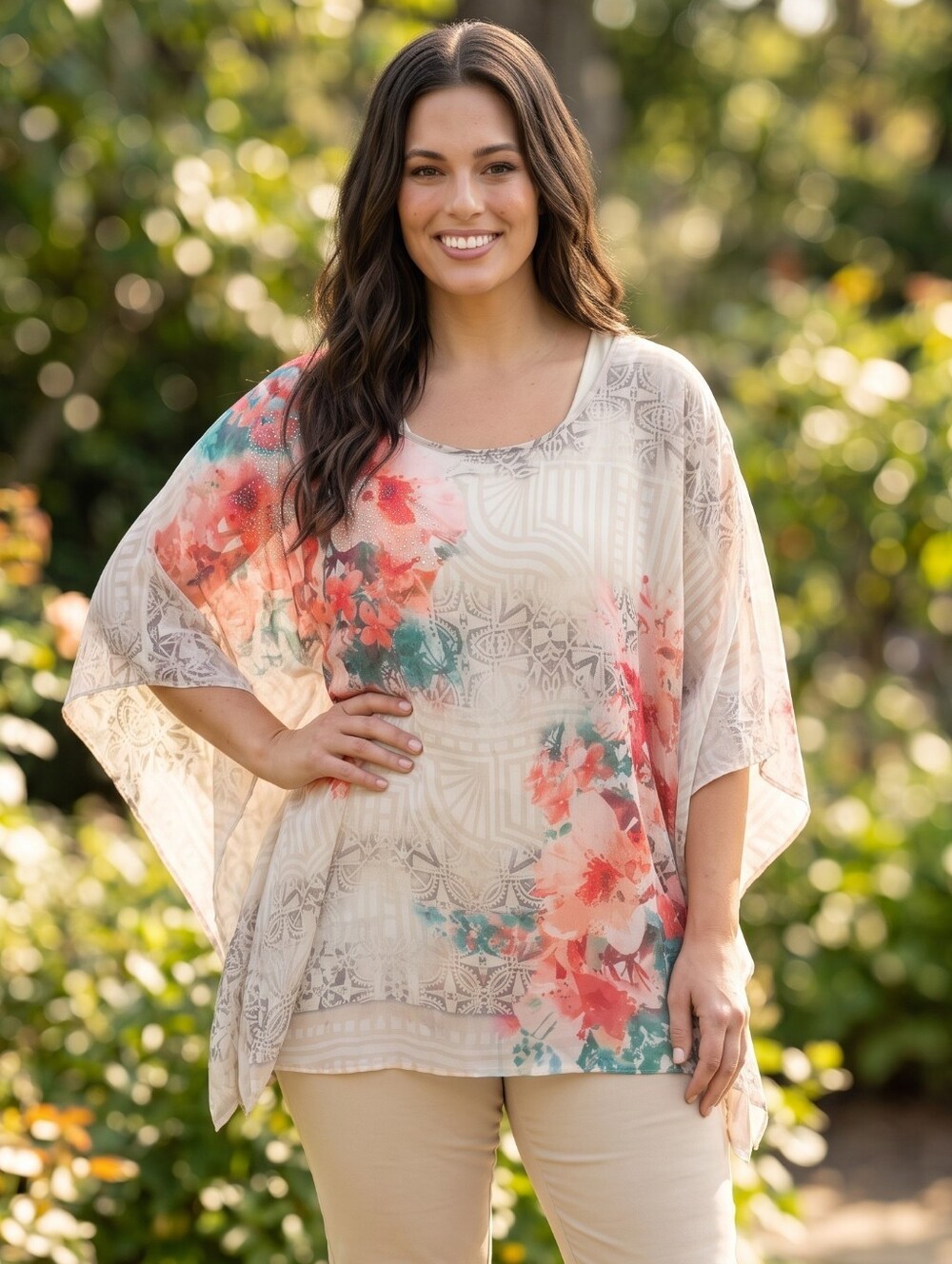 COLLECTION  B   Light Crepe Beige Floral Tunic and Under Tank Top